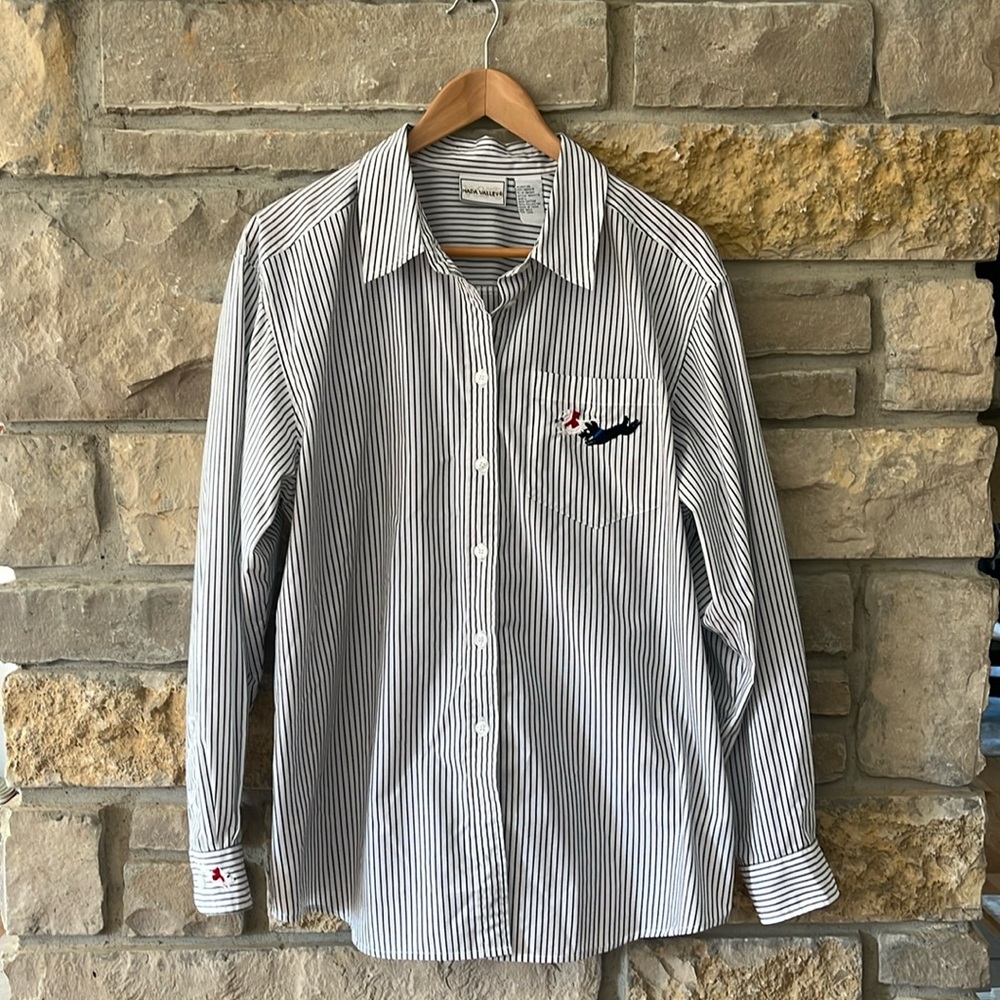 Vintage Napa Valley White Button Down Shirt with Black Vertical Stripes Large